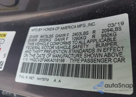 2019 Honda Accord Touring 2.0T из США, поврежденный, VIN 1HGCV2F94KA016166